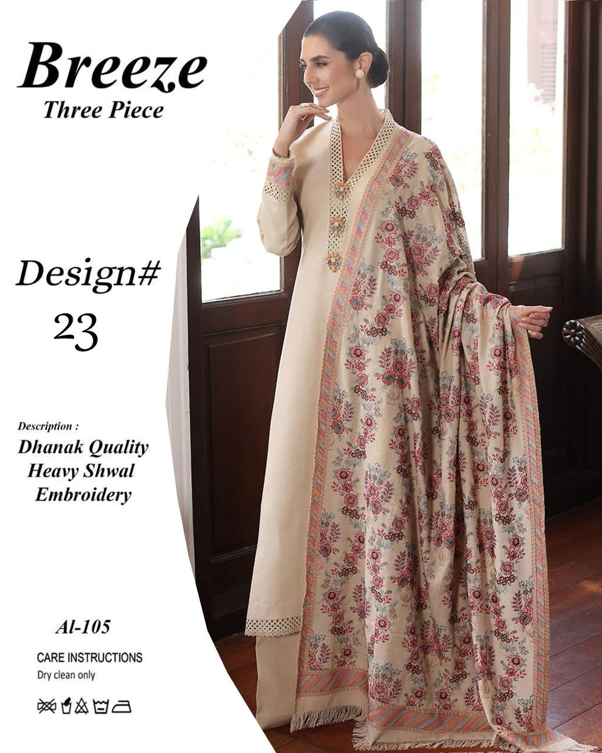 Breeze Three Piece Dhanak  shwal Embroidery