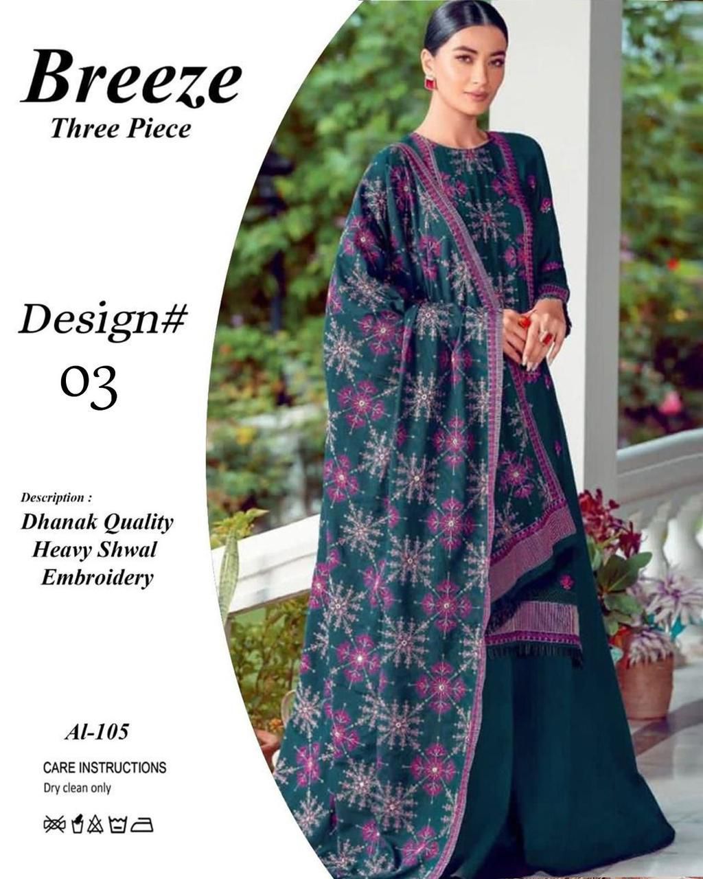 Breeze Three Piece Dhanak  shwal Embroidery