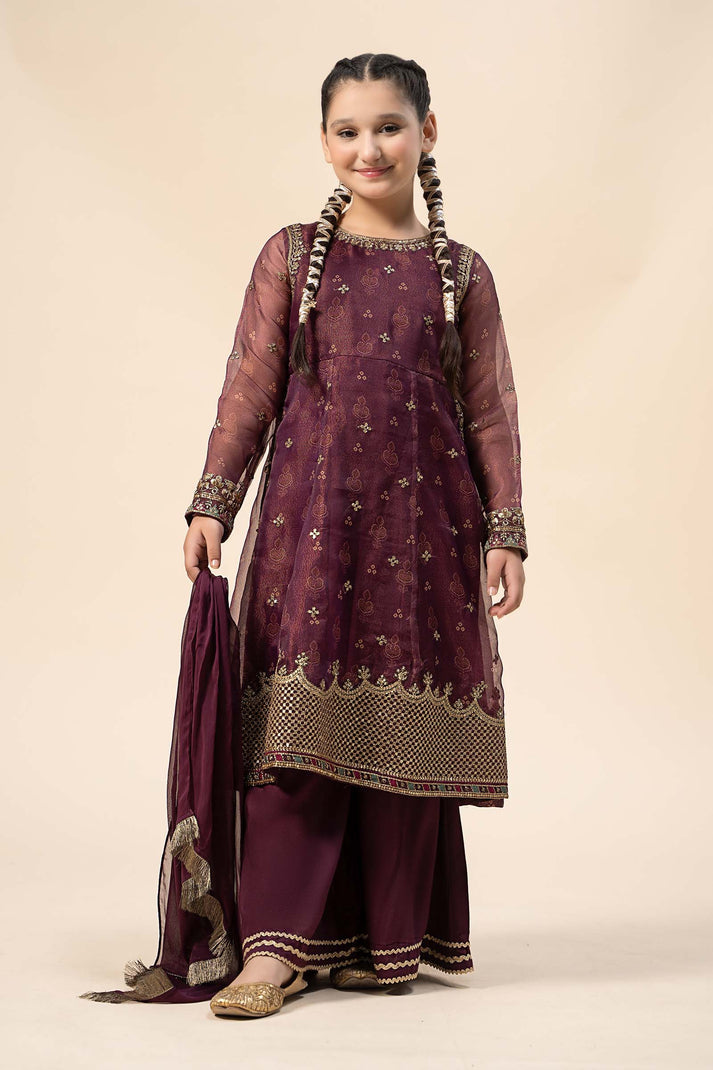 Kids 3PC Embroidered Lawn Dress With Net Dupatta - Unstitched - KD64