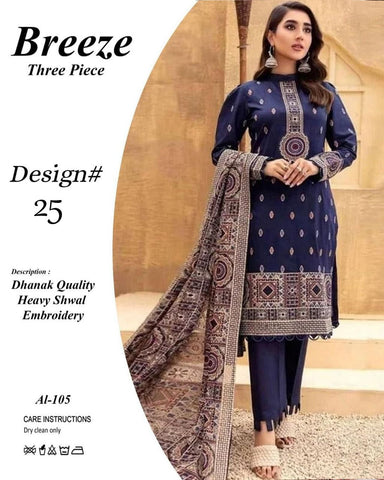 Breeze Three Piece Dhanak  shwal Embroidery